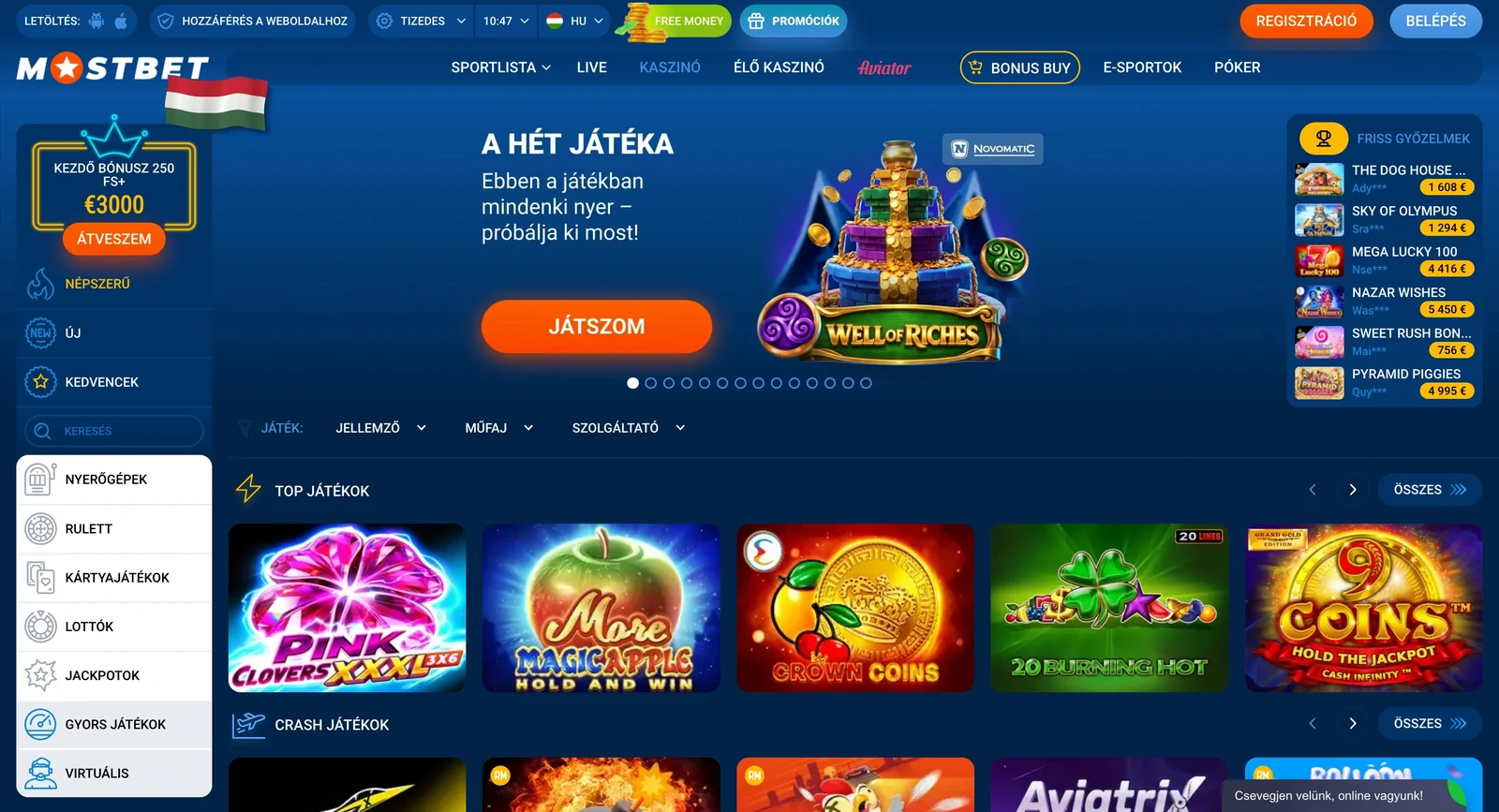 Népszerű kaszinójátékok a Mostbet kínálatában