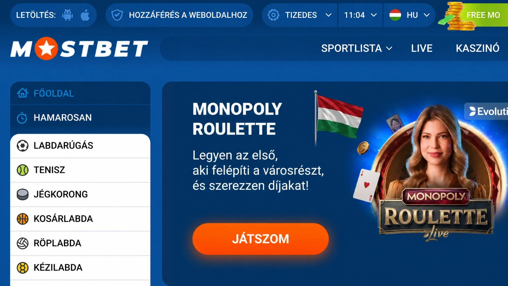 Monopoly Roulette promóció a Mostbet kezdőoldalán